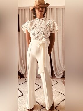 White Lace wedding bachelor  wedding yacht party all white jumpsuit bride